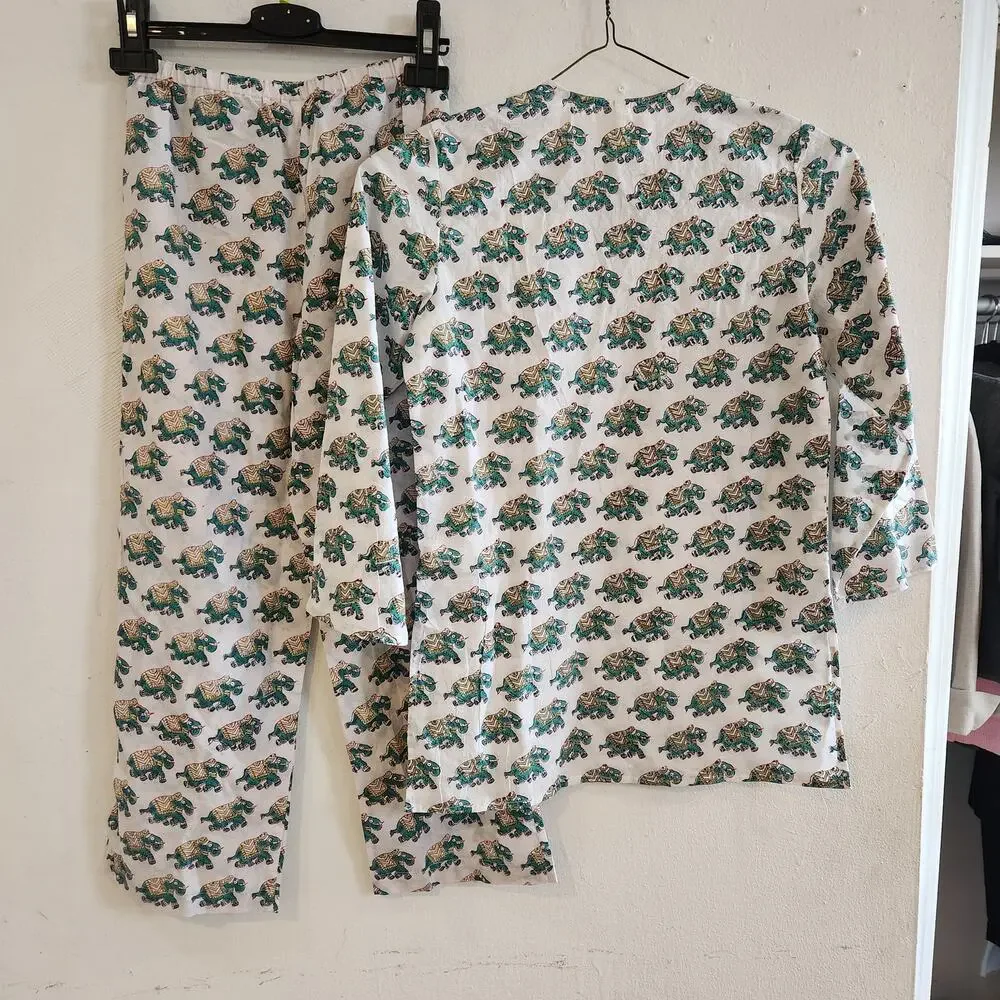Anokhi Koki Kids Sz 8-9 Cotton Kurta Green Elephant All-Over Hand-Block Print